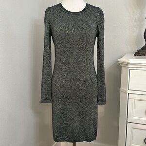 Qi Cashmere Lux Wool Cashmere Knit Metallic Long Sleeve Sweater Dress Size Small